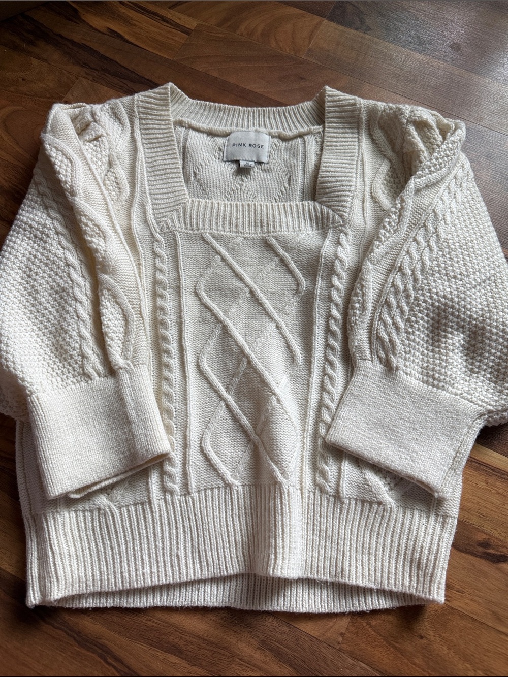 Pink Rose Cream Cable Knit Square-Neck Sweater